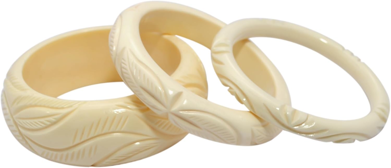 Pure Hands Handmade Resin Bangle Bracelet Set of 3 – Vanilla Custard White with Intricate Hand-Carved Design | Satin Smooth Finish | Elegant Jewelry Studio