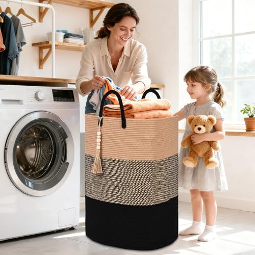 Woven Laundry Basket for Clothes, 50 L Large Rectangle Laundry Hampers with Beads Tassel, Nursery Storage Basket for Toys, Tall Dirty Clothes Hamper for Bedroom Aesthetic, Laundry Room Organization by WENMER - Image 2