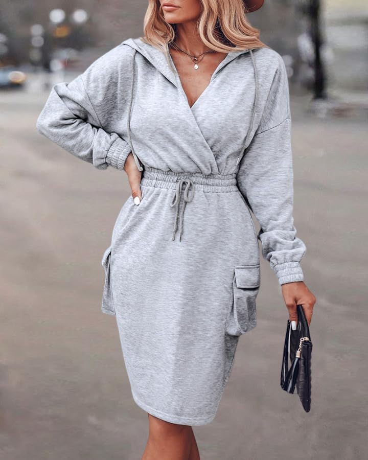 CHICME Womens Pullover Hoodie Dress Long Sleeve V Neck Wrap Drawstring Waist Casual Sweatshirt Dress with Flap Pockets - Image 4