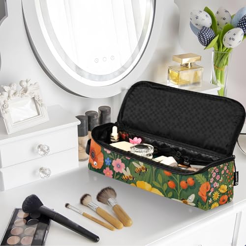 Bolsa de viaje para herramientas de cabello y tapete resistente al calor con cierre, gran capacidad organizadora para planchas, rizadores, secadores, diseño con abejas y flores silvestres, esenciales para mujeres miniatura 7