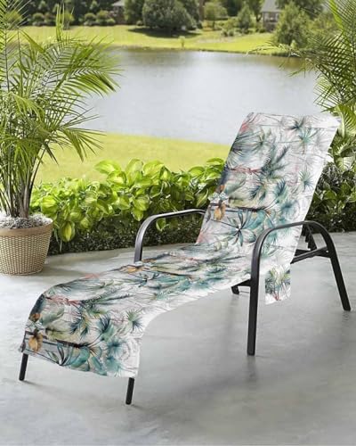 Teal Green Palm Tree Beach Chair Towel Covers for Chaise Lounge With Side Pocket, Soft Plush Pool Towels Cover for Patio Sunbathing Outdoor 29''x85'' Summer Tropical Coconut Plant Modern White