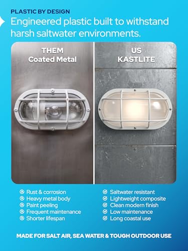 Image of KASTLITE Outdoor LED Bulkhead Light Fixture, 9.5W Energy Star 5000K Oval Wall Mount Nautical Lighting, Rust-Proof Polycarbonate Build for Wet Locations, Porch Patio Dock & Exterior Lights, FE104 /White