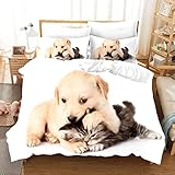 BettwäSche 200x200 WeißE Schielende Katze Mikrofaser Bettbezug mit Reißverschluss + 2 Kissenbezüge 80x80