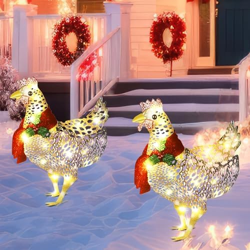 Shellwei 2 Pcs Light up Chicken with Scarf Christmas Decoration Metal Chicken Ornaments with 60 LED Lights Christmas Rooster with Stakes for Xmas Yard Garden Patio Lawn Outdoor Decor Shellwei 2 Pcs Light up Chicken with Scarf Christmas Decoration Metal Chicken Ornaments with 60 LED Lights Christmas Rooster with Stakes for Xmas Yard Garden Patio Lawn Outdoor Decor