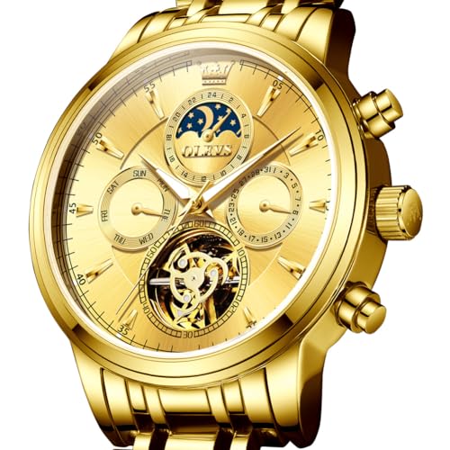 Image of OLEVS Men Automatic Skeleton Watch - Luxury Stainless Steel Calendar Moon Phase Mechanical Dress Wrist Watch with Luminous, Waterproof Self-Wind (Gold /Silver /Blue /Black)
