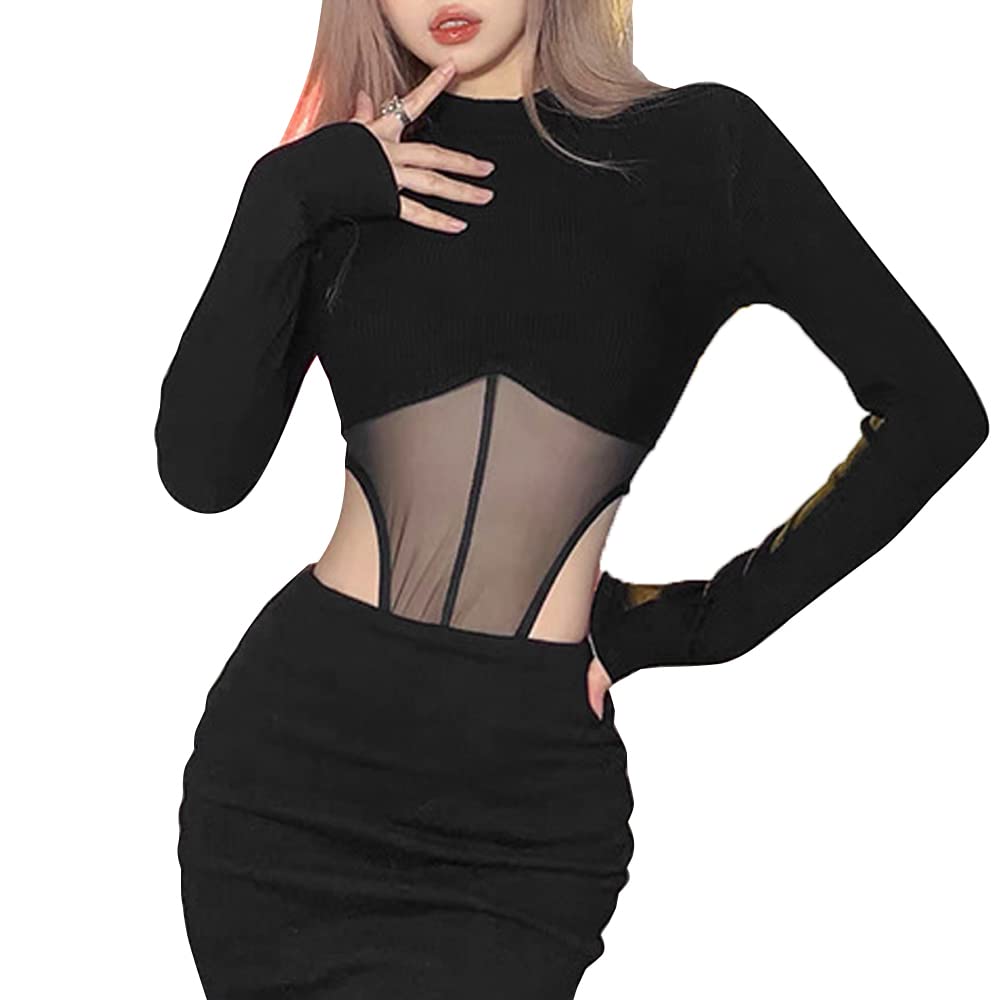 QKEPCY Body Mujer Sexy Cuello en V Bodies Vestir Manga Larga Elegante Mono de Negro Mujer Clásico Bodysuit Jumpsuit Suave Cálida Tops