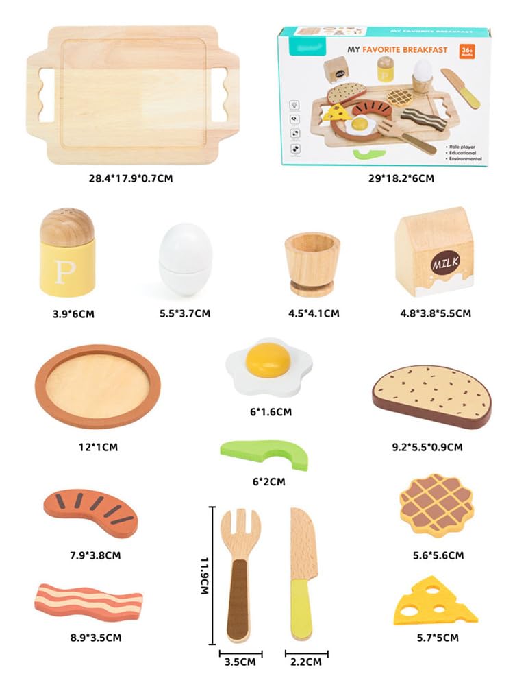 Set de comida de desayuno de madera, juguete de cocina para juegos de rol | Set de Comida de Madera, Juguete de Simulación de Comida Occidental, Juguete de Cocina