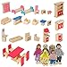 Foreverup Set di Mobili Casa Bambole Legno, 25PCS Mobili in Legno per Bambole, Mobili per Casa Delle Bambole con 6 Bambole di Famiglia in Legno per Completare la Casa Delle Bambole