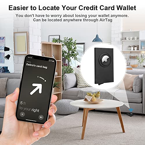AirTag Card Holder Wallet with AirTag Holder, Pop Up Wallet RFID Blocking Slim Metal Bank Credit Card Case Holds 5 Cards (Black)2