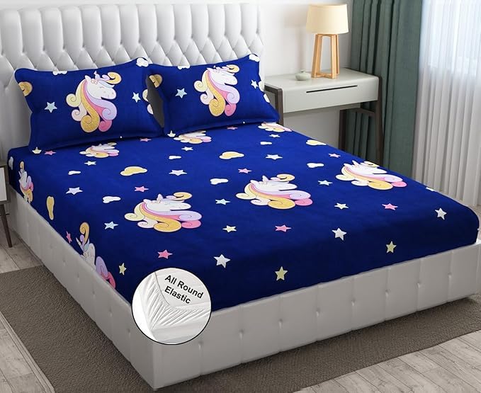 Cotton Fitted Bedsheet King Size 72x78x8 Inch | Elastic Fitted Bedsheet Cotton | King Size Bed Sheet Elastic Fitted | King Size Bed Cover | Double Bed Elastic Fitted Bedsheet (Unicorn Dreams Blue)