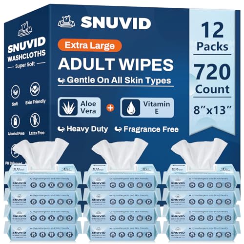 Adult Wipes for Elderly - 720 Count Extra Large 8'x13' Disposable Washcloths Rinse Free Bathing Wipes for Incontinence & Bedridden Care - Thick, Soft & Unscented with Aloe & Vitamin E (12 Packs of 60)