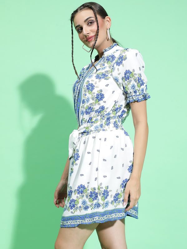 Image of oxolloxo Women Scarf Floral Print with Elasticated Waist Tie-Knot Belt Detail Dress with Short Sleeve