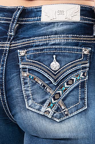 Miss Me Women's Medium Wash Mid-Rise Embroidered Stone And Sequin Bootcut Jeans Dark Blue 25W X 34L #TOP3