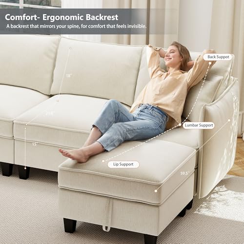 Image of Ihanherry 85.8 inch Modular L-Shaped Sectional Sofa, Modern 4-Seat Cloud Couch with Storage Ottoman, Comfy Chenille Convertible Furniture Set for Living Room, Apartment, Easy Assembly, Beige