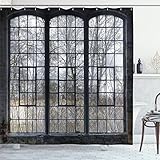 Ambesonne Industrial Shower Curtain, Old Large Window with Broken Panes Deserted Hall Forest Trees Winter, Cloth Fabric Bathroom Decor Set with Hooks, 69' W x 75' L, Green White