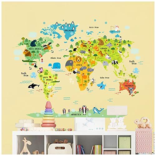 Adesivos de parede HaokHome W-10501-1 grande mapa do mundo para crianças animais educativos marcos d