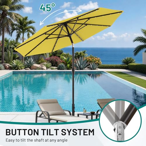 Image of AreShark 9FT Patio Umbrella with Solar Lights, 32 Lighted Pool Umbrella w /Tilt and Crank, Outdoor Market Solar Umbrellas for Garden, Deck, Backyard, Pool and Beach, Yellow