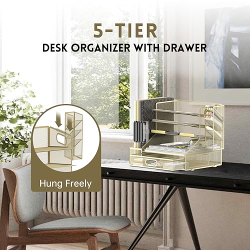 DALTACK Organizador de papel para mesa com 3 porta-canetas, bandeja organizadora de mesa de 6 camada