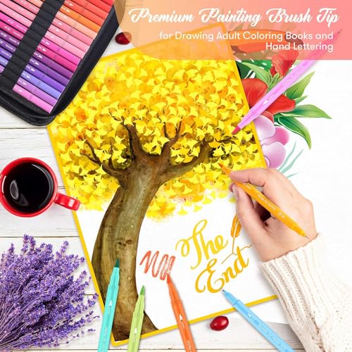 Image of Soucolor 72 Dual Brush Markers Adult Coloring Books,Fine &Brush Double Pens | 72 Vibrant Water-Based Colors,No Smudge, DIY Color Card,4 Coloring Sheets and Portable Case Lettering, & journaling.