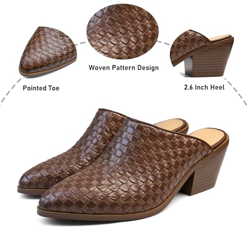Women’s Pumps Closed Pointed Toe Block Heel Mule Woven Leather Chunky Stacked Heeled Slip On Slippers Casual Comfortable Shoes2
