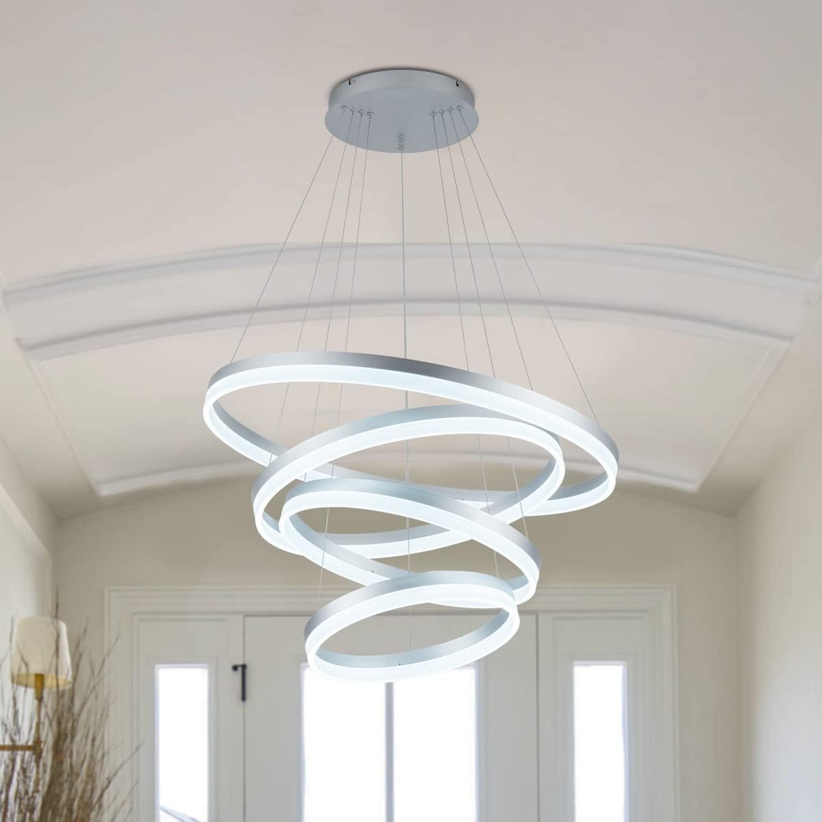 ROYAL PEARL Modern LED Modern Chandelier 4-Rings Circular Pendant Light Flush Mount Pendant Lighting for Living Room Dining Room, Dimmable 6000k, Silver ROYAL PEARL Modern LED Modern Chandelier 4-Rings Circular Pendant Light Flush Mount Pendant Lighting for Living Room Dining Room, Dimmable 6000k, Silver
