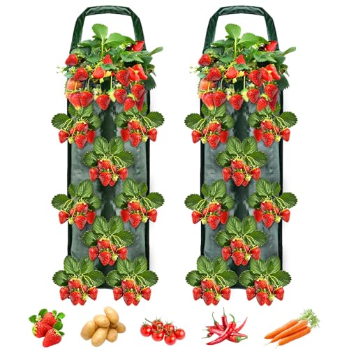 Muyohix Pflanzsack Hängend, 2 Stück Erdbeer Pflanzsack Hängend mit 8 Löchern, Pflanzbeutel, Atmungsaktive, Pflanztaschen mit Griffe, für Erdbeer Tomaten Kräuter Gemüse (Grün)