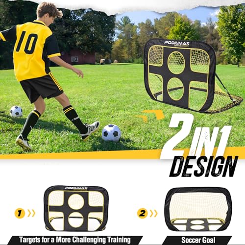 PodiuMax klappbares 2 in 1 Pop-Up Fußballtor für Kinder im Garten | Torwandtrainer für Indoor / Outdoor | Fußballtor Trainer mit Tragetasche - 2