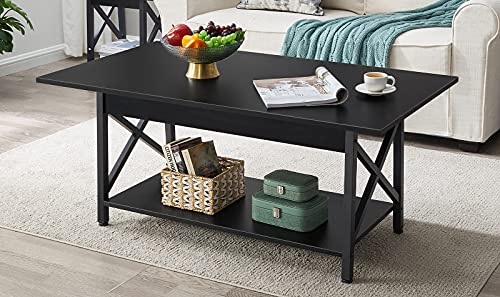 Image of GreenForest Coffee Table with Storage, 43 inch Large Modern Coffee Tables for Living Room, X-Frame Design Farmhouse Coffee Table Space Saving Living Room Tables, Easy Assembly, Black