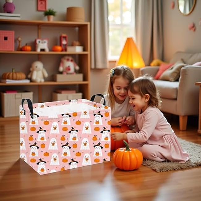 Rectangular Halloween Basket Storage Basket Waterproof Storage Bin for Bedroom Collapsible Bin Books Box Room Decor(Pink Ghost)