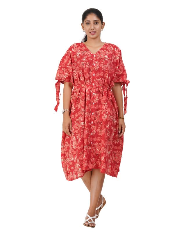 Image of MENMAII Oversized Cotton Full Button Dress for Women | Loose Fit with Fancy Sleeve Tie-Ups & Waist Tie-Up | Comfortable Casual Calf Length [Size : One Size fits Upto 3XL]