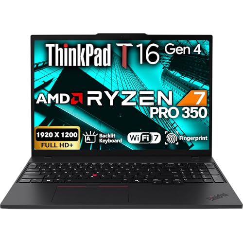 Image of Lenovo ThinkPad T16 Gen 4 Business Laptop 16 FHD+ Display, AMD Ryzen 7 AI Pro 350, 64GB DDR5 RAM, 1TB SSD, 5MP Webcam, Fingerprint, Backlit KB, WiFi 7 + BT, RJ-45, Win 11 Pro - Black