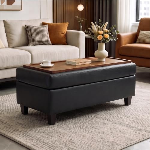GENTEACO 45" Ottoman Coffee Table with Storage, Reversible Wooden Tray Top, Large Leather Upholstered Ottoman, Hidden Storage Foot Rest Bench for Living Room, Bedroom, Entryway,Black