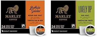 Marley Coffee Single Serve K-Cup Compatible Capsules, Buffalo Soldier, Medium-Dark Roast, 24 Count & Lively Up Organic Espresso Roast (24 Count), A1399, 24 Count (Pack of 1)