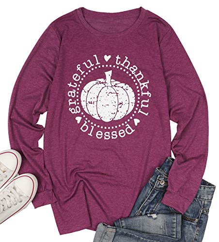 VILOVE Grateful Thankful Blessed Thanksgiving Shirt for Women Pumpkin Graphic Top Long Sleeve Letter Print Casual T-Shirt (Medium, Red)