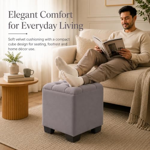 Image of Velvet Cube Ottoman | Seating Stool for Living Room | Soft Cushioned Footrest Stool with Durable Plastic Legs | Multipurpose Seating, Side Table & Pouffe Home Decor, 12x12x14 inch (Grey)