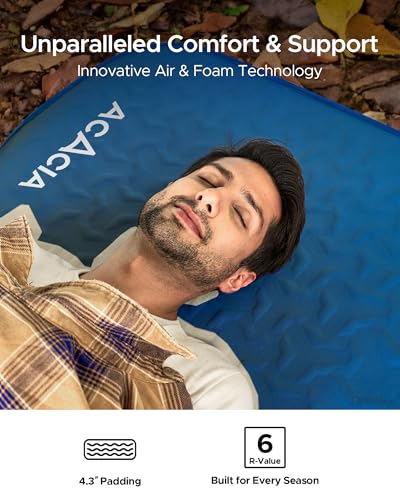 Acacia 4.3\" Thick Self Inflating Sleeping Pad with Foam | Innovative Y-Shaped Telescopic Structure | Ultraportable Camping Mattress | Outdoor Compact Air Mat for Tent Car | Single