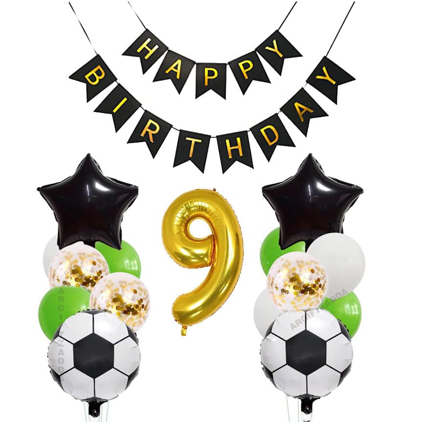 Image of AR GIFTZADDA 4D Football Black White Green Balloons Bouquet for 9th Birthday, 24 Inch Soccer Foil Balloons Football Decorations for Boys Party World Cup Theme (9th Bday kit, Football Foil)