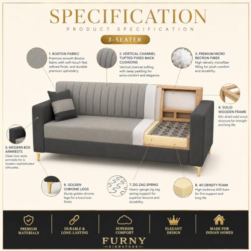 Image of FURNY Signature Regalia 3 Seater Sofa Set | Boston Fabric | 40D Foam + Zigzag Spring | 3-Yr Warranty (Ash Grey, Light Grey) | Modern Living Luxury Sofa Set for Home, Office & Hotel Spaces