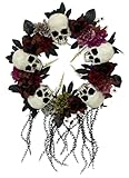 Haunted Hill Farm 24-In. Hanging Wreath with Skulls, Fall Flowers, and Vines, Front Porch Decor, Indoor or Covered Outdoor Halloween Decorations, Halloween Party Decorations for Door, Wall, or Windows
