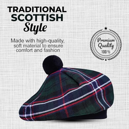 Image of Scottish Tam O' Shanter Hat Tartan Bonnet Pom Pom Wool Flat Cap One Size
