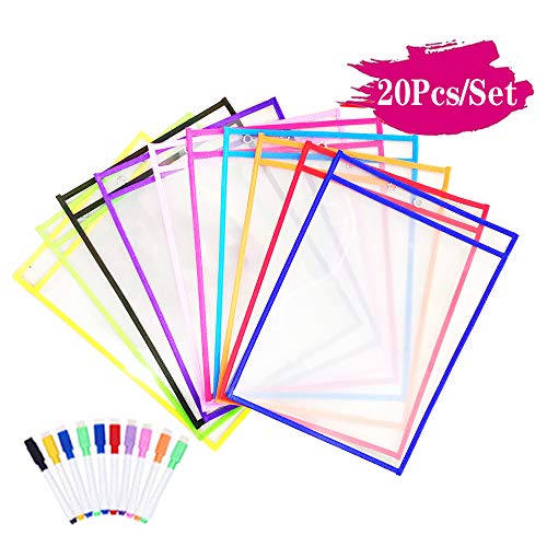 Resuable Dry Erase Pockets Papelería Suministros,10 Piezas Reutilizable Escribir y Limpiar Bolsillos para la Organización en el Aula y Colegio y Trabajo,35.5×25.5 cm