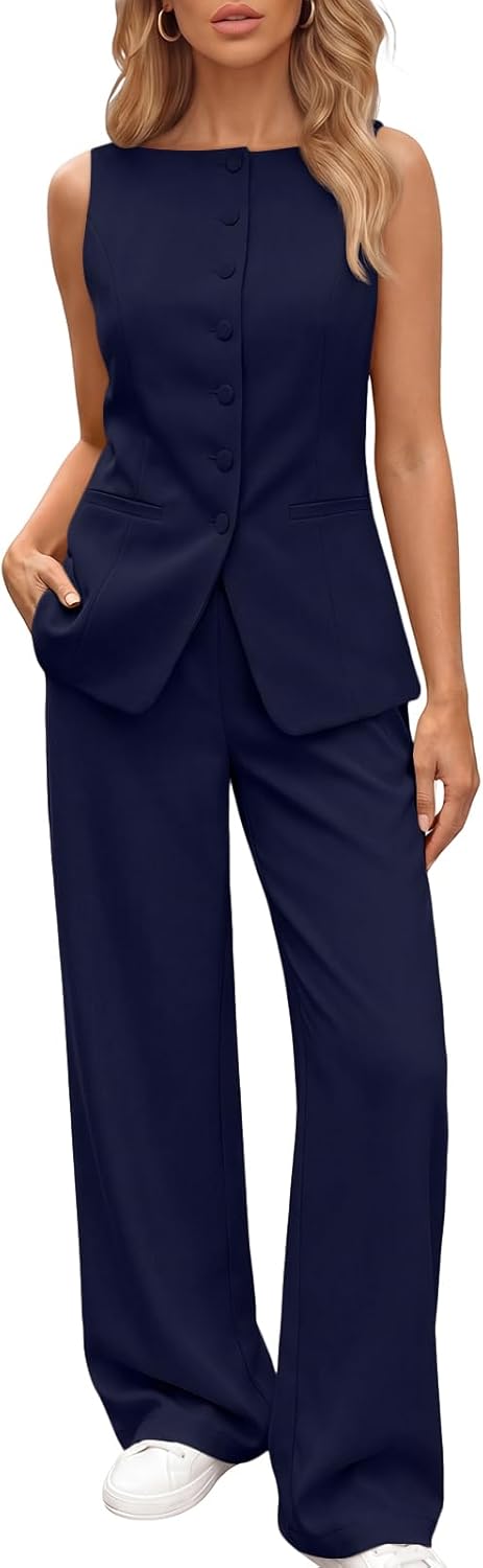 LILLUSORY Womens 2 Piece Summer Vest Sets Sleeveless Blazer Wide Leg Pants Suits Business Casual Spring Outfits