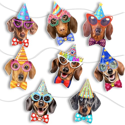 Image of Dachshund Birthday Banner Garland - Photographic Weiner Dog Faces Birthday Decoration, Funny Dachshund Bday Party Bunting for Weiner Dog Lovers, Pre-Strung & Ready to Hang