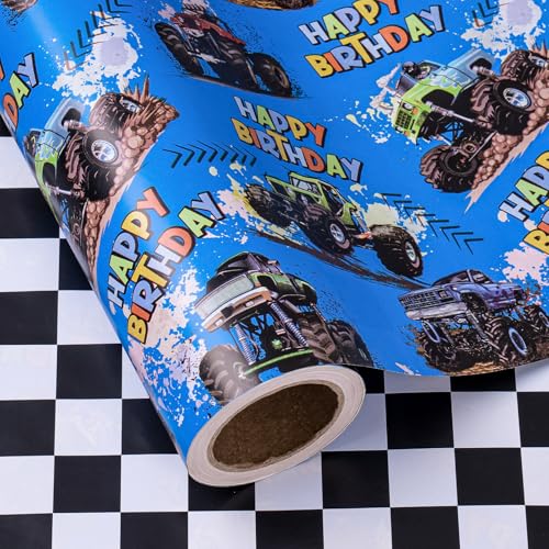 WRAPAHOLIC Reversible Monster Truck Birthday Wrapping Paper Roll - Mini Roll - 17 Inch x 16.5 Feet - Birthday Monster Truck Wrapping Paper with Checkered Flag Gift Wrap for Kids Boys Baby Shower