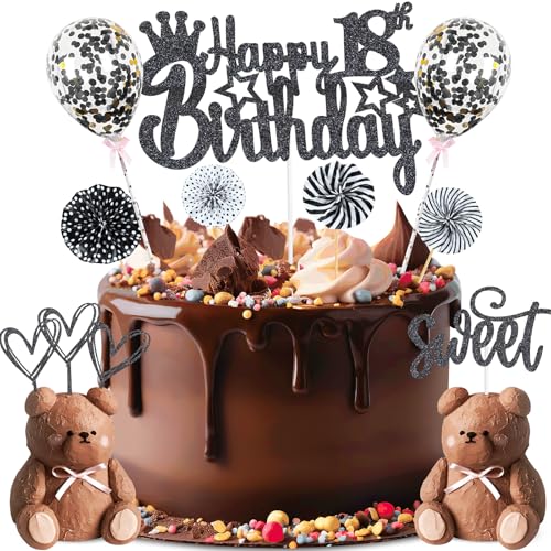 ZWWsullo Glitter Cake Topper Happy 18th Birthday Decoration 18 Boy Girl Birthday Cake Decoration 18 Happy Birthday Girls Boys Black Cake Decoration Birthday CakeTopper