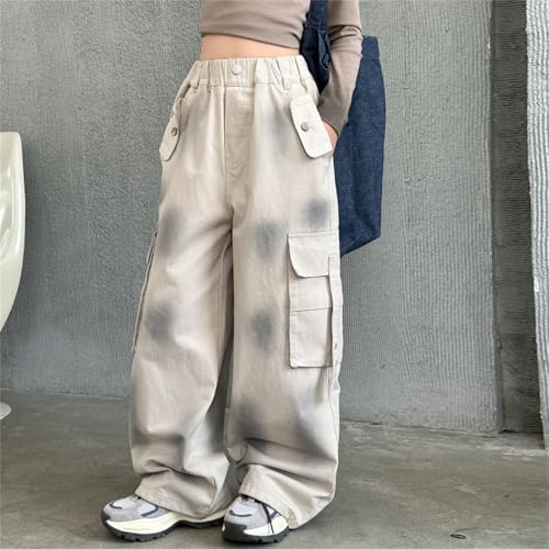Kids Girls Denim Cargo Pants Casual Baggy Wide Leg Jeans High Waist Floor Length Jeans with Multi Pocket4