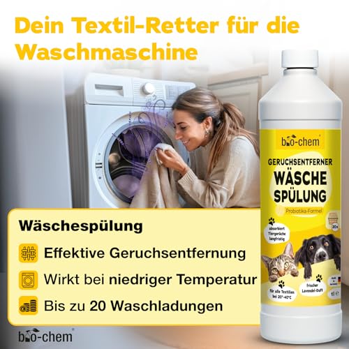 bio-chem Geruchsentferner Set | Hunde-Spray 750 ml + Wäschespülung 1L | Mikrobiologisch & effektiv | Gegen Tiergeruch auf Textilien & Oberflächen