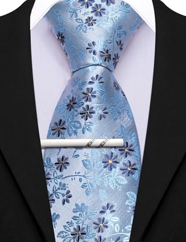 Image of Barry.Wang Floral Ties for Men Flower Necktie with Tie Clip Formal
