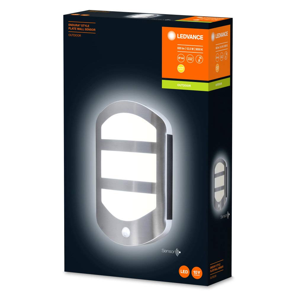 LEDVANCE Applique et plafonnier LED, luminaire design en optique plate pour extérieur avec détecteur de mouvement, blanc chaud (3000K), 13W, ENDURA STYLE PLATE WALL SENSOR