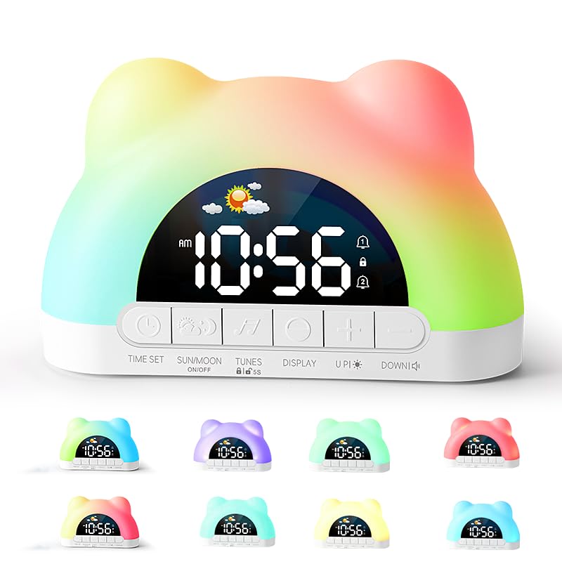 Kinderwecker,Beautiebeam Wecker Digital für Mädchen Jungen,OK to Wake Wecker,Schlaftrainer Kinder mit 11 RGB Farb Nachtlicht,LED-Wecker mit 10 Soundeffekten,Dual Alarms,Snooze,12/24(Inklusive Adapter)